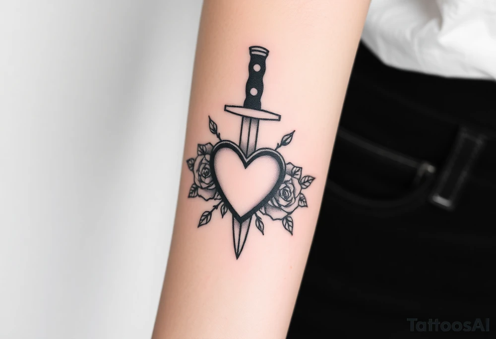 dagger piercing a heart with roses tattoo idea