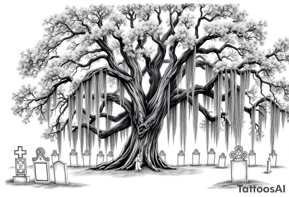 Laurel oak with Spanish moss in a cemetery tattoo idea