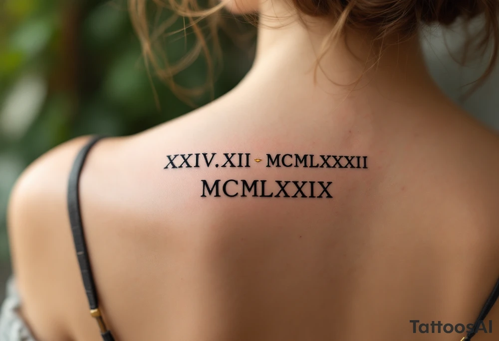 classic XXIV.XII.MCMLXXXIX across the back in solid black with gold accent lines running underneath. tattoo idea