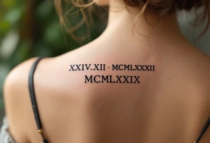 classic XXIV.XII.MCMLXXXIX across the back in solid black with gold accent lines running underneath. tattoo idea