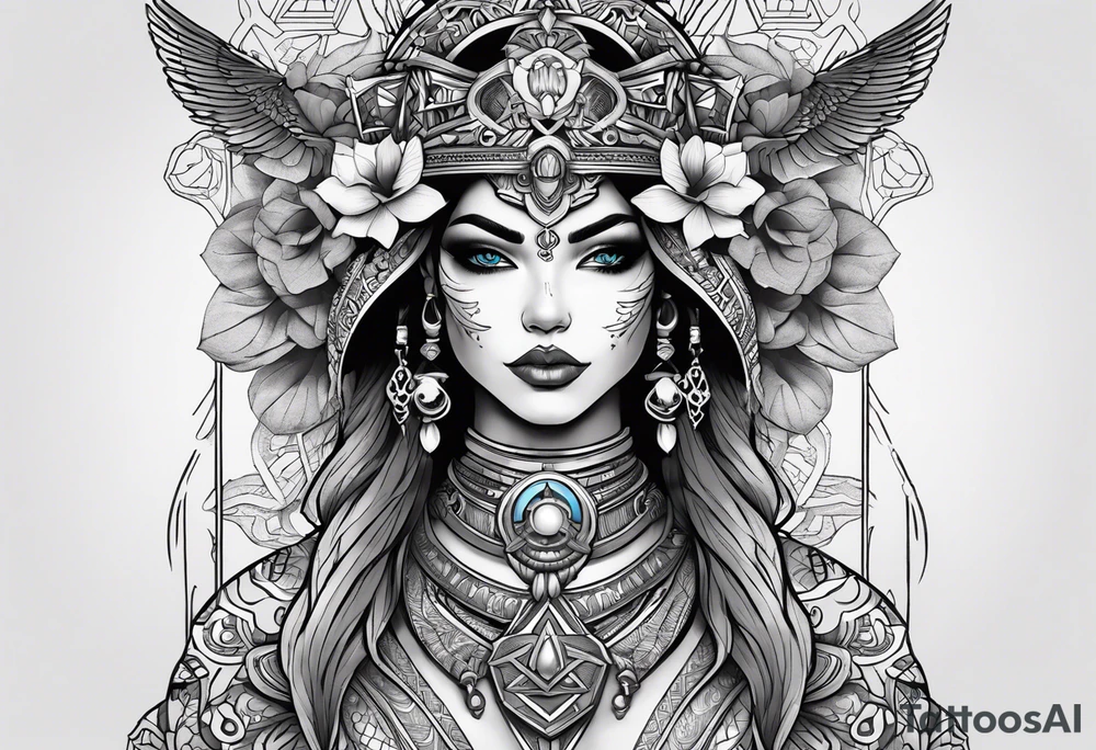 kali, alien goddess, valkrye, pirate, zenza resonance, pachamama, lotus azul, blank panther, eagle, skull, 5D, nueva gaya, dna 12 tattoo idea