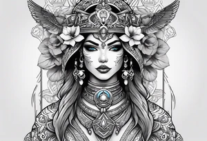 kali, alien goddess, valkrye, pirate, zenza resonance, pachamama, lotus azul, blank panther, eagle, skull, 5D, nueva gaya, dna 12 tattoo idea