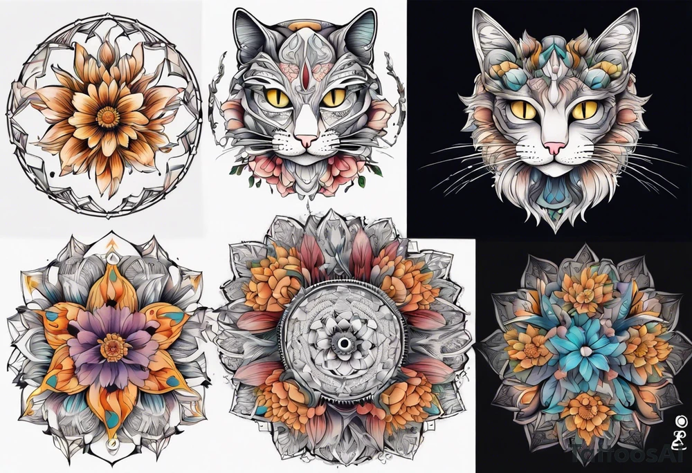 Fineline Cat colored flowers mandala tattoo idea