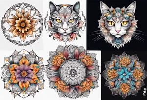 Fineline Cat colored flowers mandala tattoo idea