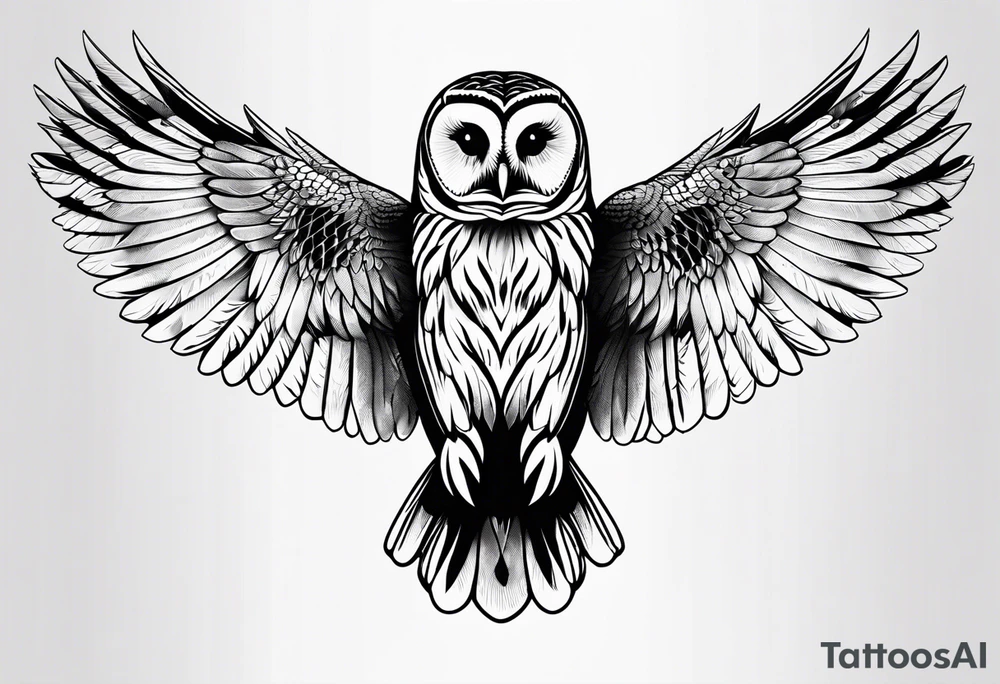 barred owl wings outstretched with a snake in its feet tattoo idea