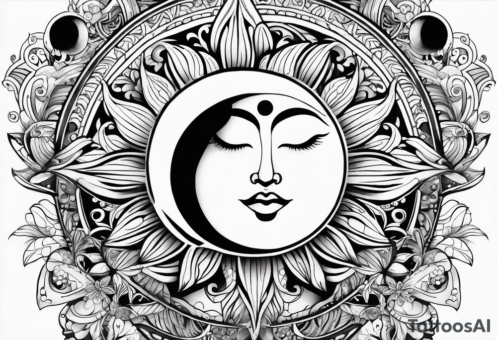 sun and moon tattoo flowing into mandala with butterflies tattoo idea