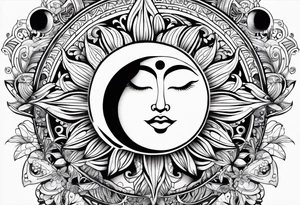 sun and moon tattoo flowing into mandala with butterflies tattoo idea