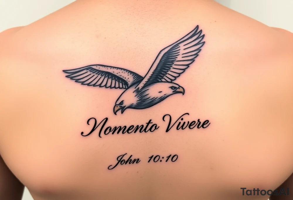 realistic eagle in flight, the words Momento Vivere and John 10:10 tattoo idea