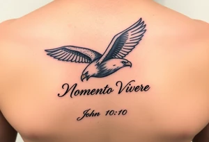 realistic eagle in flight, the words Momento Vivere and John 10:10 tattoo idea