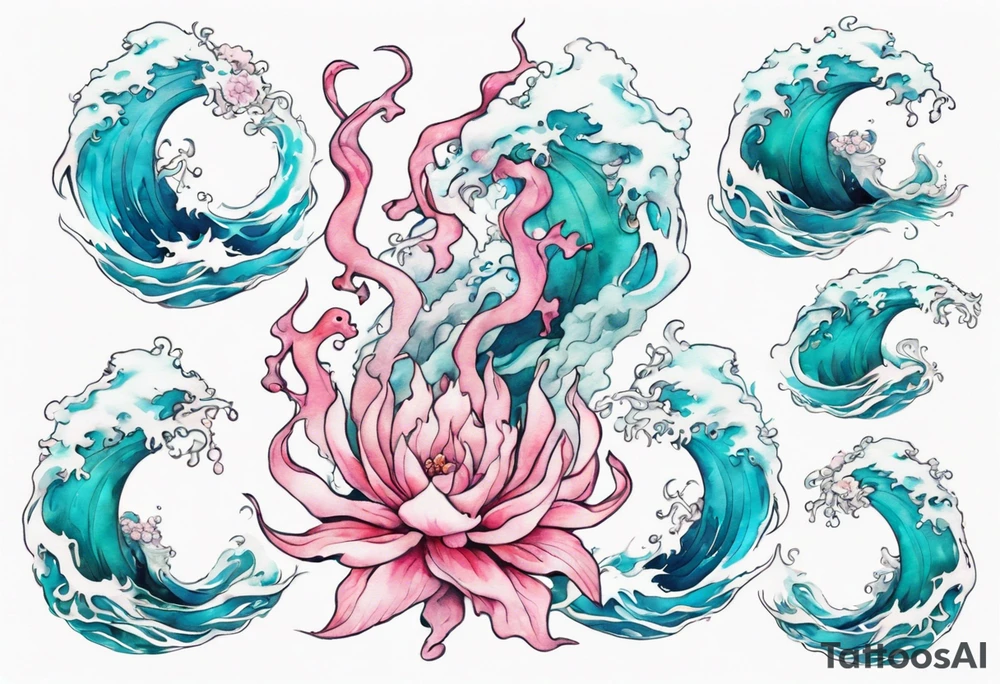 a beautiful turquoise and white and pink Orm Embar rising from the blue waves of the ocean tattoo idea