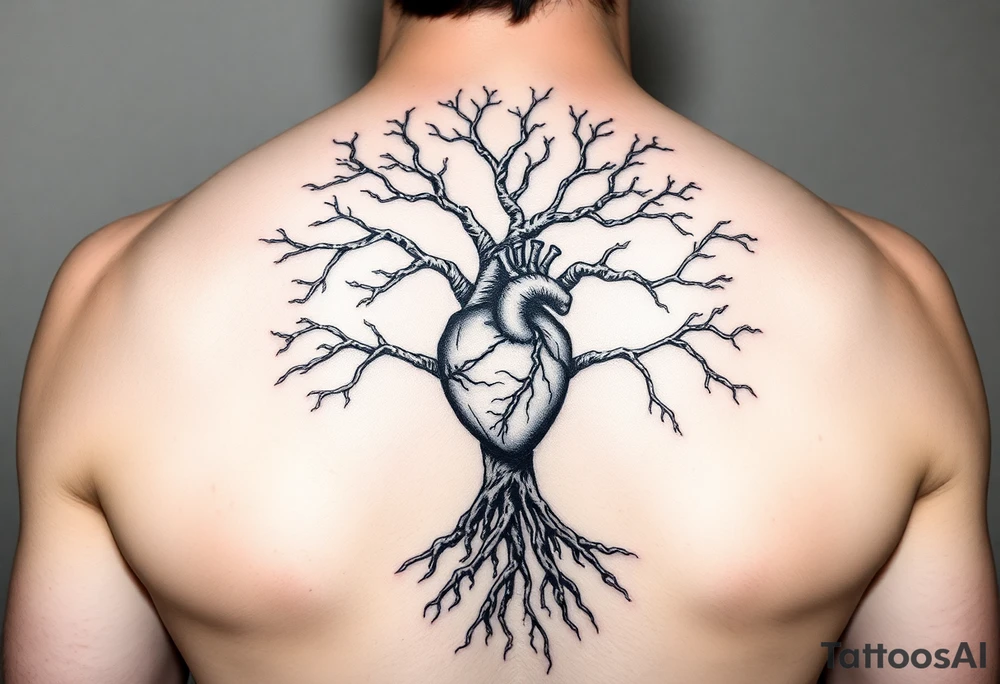 DNA tree with roots and anatomical heart inside the roots tattoo idea