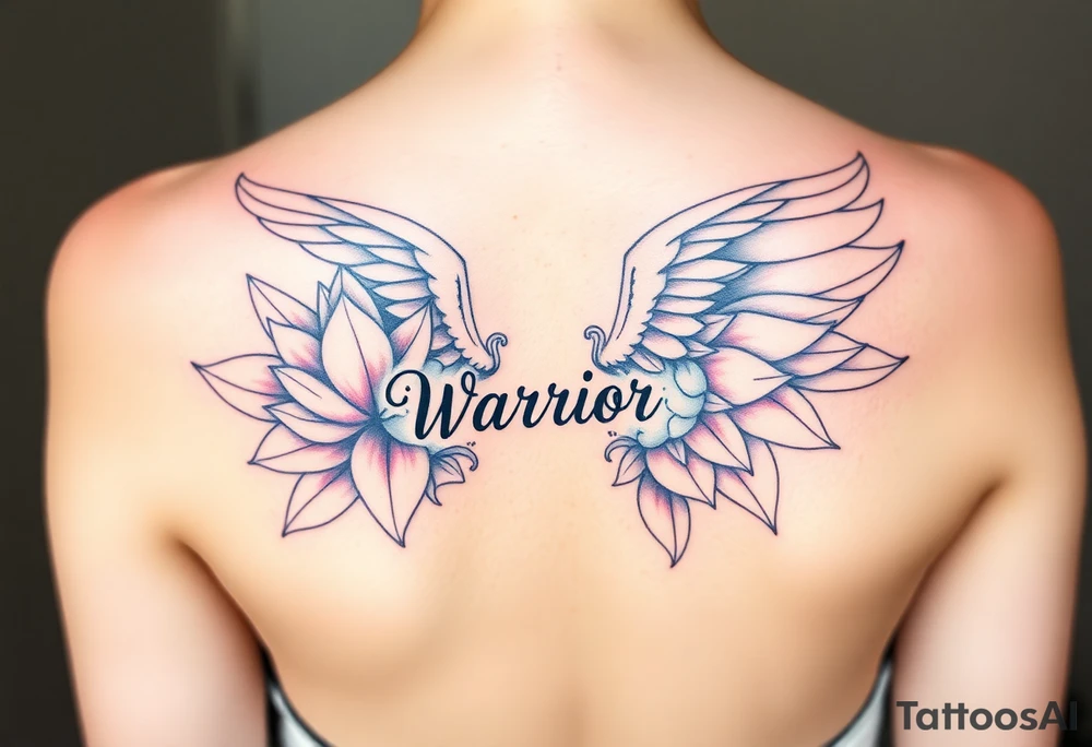 lotus flowers beautiful angel wing with word "Warrior" tattoo idea
