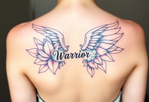lotus flowers beautiful angel wing with word "Warrior" tattoo idea