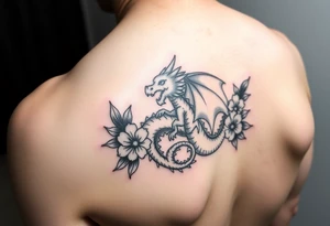 cute dragon with floral design around it tattoo idea