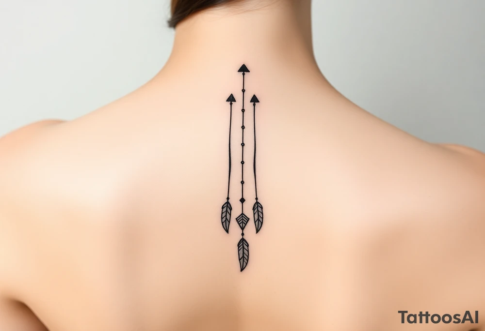 Thin spinal tattoo following down the spine in a native ornament style with 3 vertical different lengths flowing lines made of a discreet connection of morse code ".--- .- --.     .-.. ... -.- .- .-.   -.. .. --.     .-.. .. .-.. .-.. . -... .-. --- .-. forming 3 arrow shapes connected to 3 flowing feathers hanging from the end of the morse code lines tattoo idea