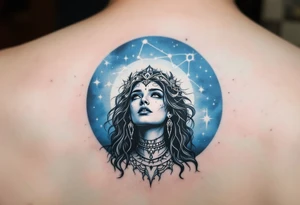 A Virgo maiden inked in sky blue gazes upward at her constellation, drawn in white above her head. tattoo idea