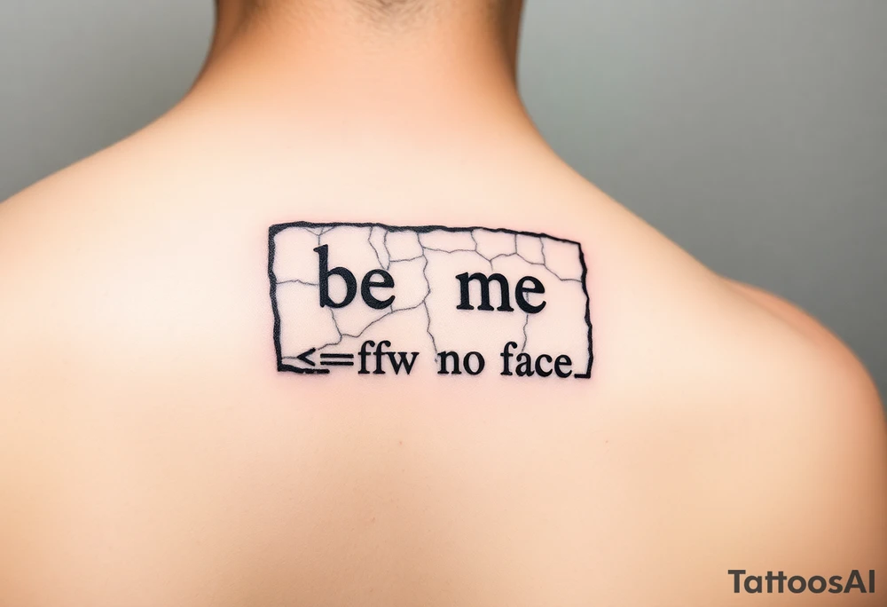 "Ancient stone tablet tattoo, but:  
- Text is 4chan greentext  
- Last line: **'>be me  
>mfw no face'**  

Style: Cracked engraving. Black ink, shoulder blade." tattoo idea