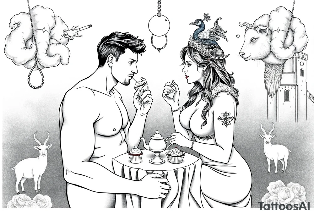 Mystical Naked Man and woman having sex eating cupcakes and  fruit  having sex clouds gothic sexy naked fat lady having a tea party with tea pot at a famcycastle  
with a pigs, peacock, noose, lion, goat, smoking cigerettes looking in the mirror thru storm clouds with razor blades and broken hearts and darkness and wrath, envy , gluttony, greed, sloth, pride kill tattoo idea