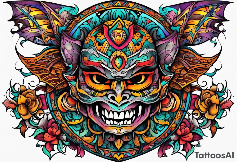 Colorful Mayan cave and bats tattoo idea
