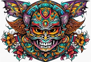Colorful Mayan cave and bats tattoo idea