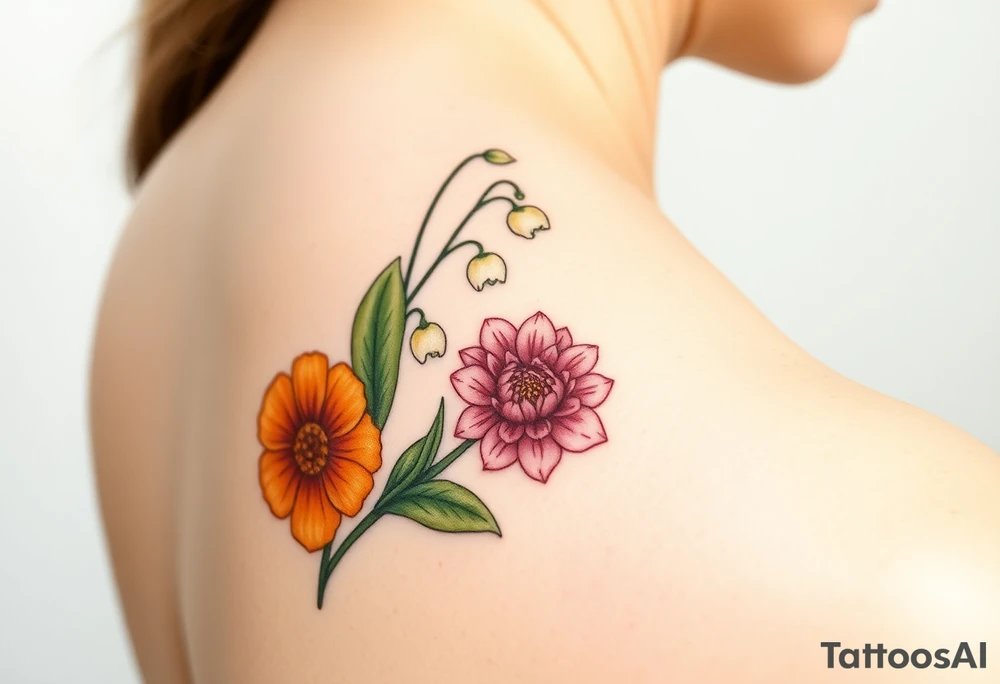 marigold, lily of the valley, and chrysanthemum tattoo idea
