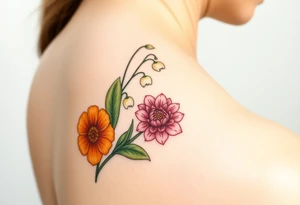 marigold, lily of the valley, and chrysanthemum tattoo idea