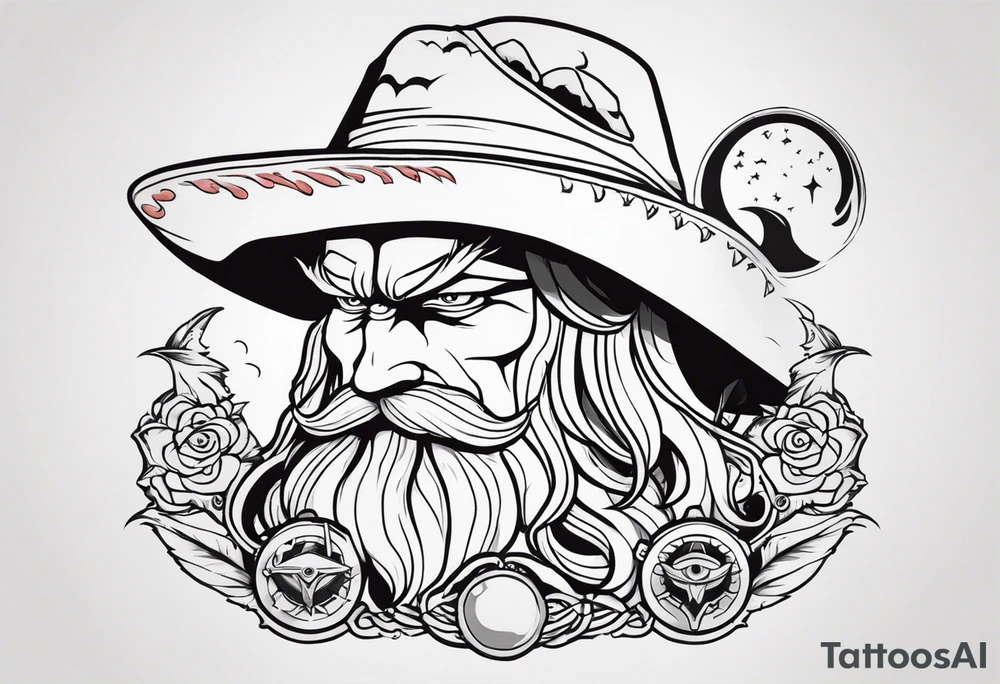 crea a Zeus con un rastreador de dragón ball el sombrero de luffy y el Sharingan todo en estilo tradicional americano tattoo idea