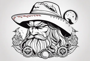 crea a Zeus con un rastreador de dragón ball el sombrero de luffy y el Sharingan todo en estilo tradicional americano tattoo idea