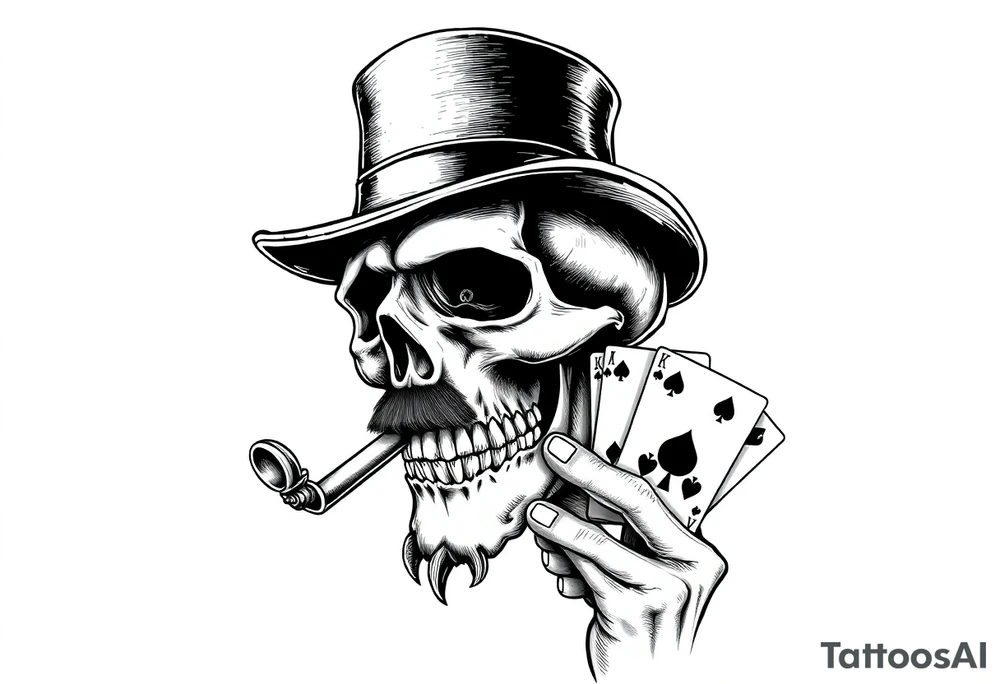 a skull with mustache,top-hat, cigar in his mouth and playing cards in a hand. tattoo idea