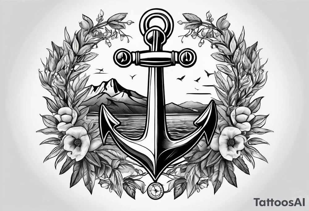 A selucid style anchor tattoo with a compass and a Julius caesar olive branch wreathe tattoo idea