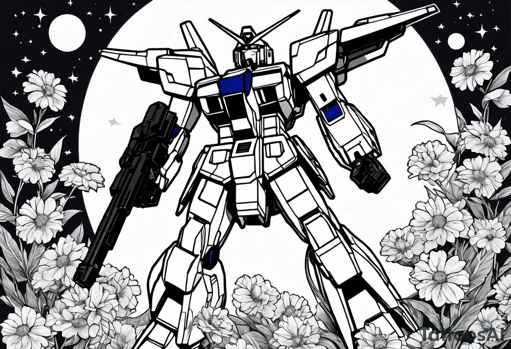 gundam, flying over moon, falling flowers, line art tattoo idea