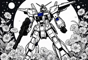 gundam, flying over moon, falling flowers, line art tattoo idea