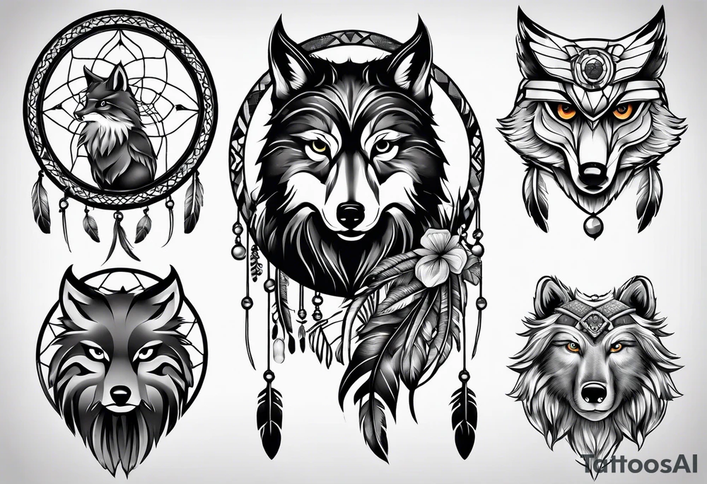 full sleeve with owl, wolf, beaver, and dream catcher tattoo idea