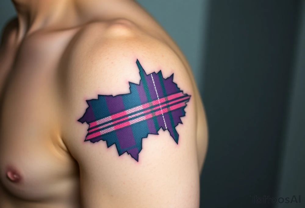 Side of arm Dark Purple with green pink blue and white highlights tartan fabric with skin peeling away at edges tattoo idea