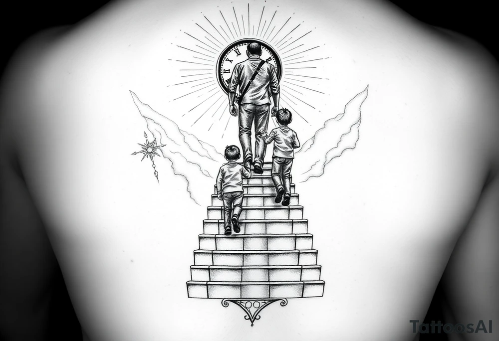A symbolic black and grey tattoo design showing a father and his two sons climbing a long staircase toward a glowing clock at the top, surrounded by a radiant, heavenly atmosphere with sunlight and clouds. The environment should feel peaceful and divine, as if in heaven. The names 'Ayan' and 'Luis' should be elegantly integrated into the design, well balanced and harmoniously placed within the scene. tattoo idea
