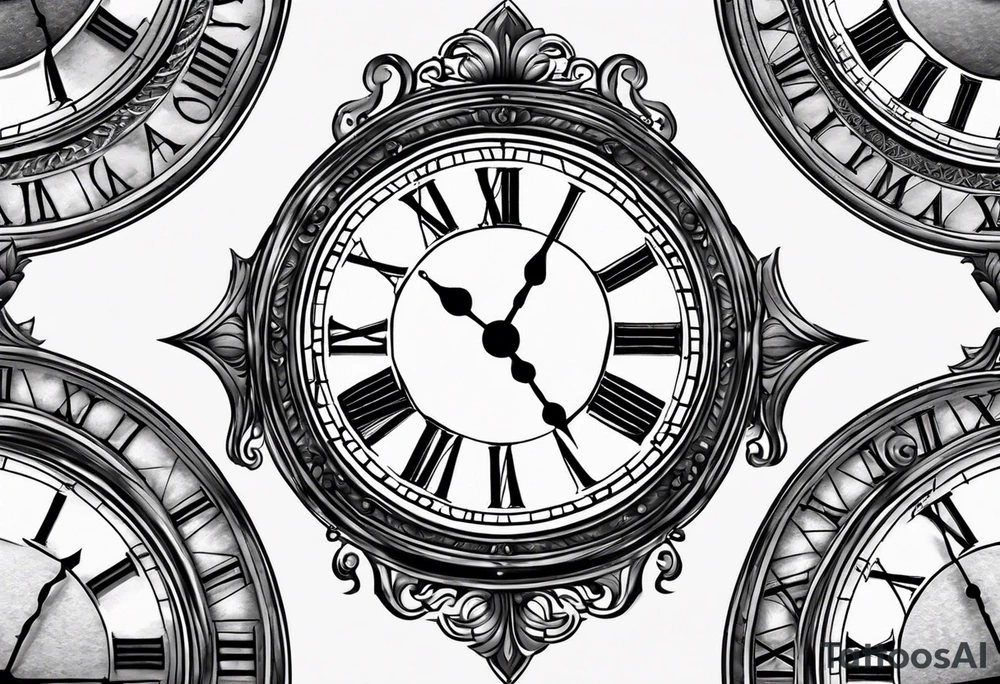 draws a clock which is mixed with an hourglass. they are surrounded by Roman numerals. it is a black and white tattoo for the right shoulder of a man tattoo idea