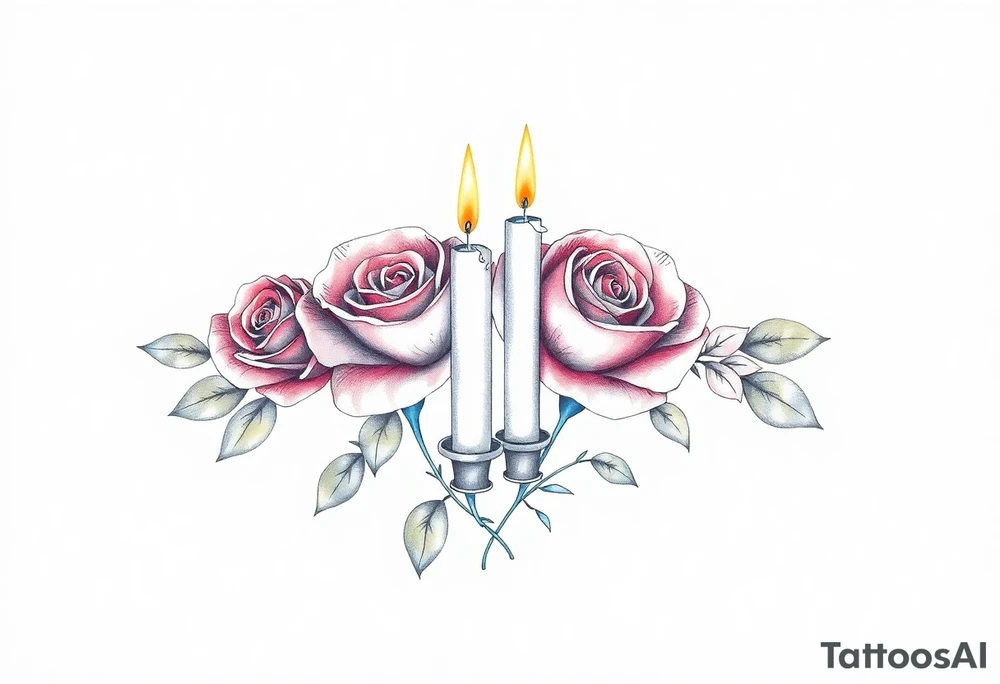 Passed love one, two roses, two candles, blue, hearts tattoo idea