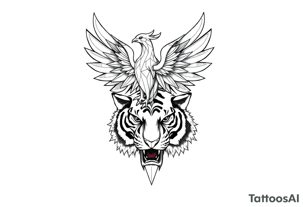 a geometric phoenix over a tiger's head tattoo idea