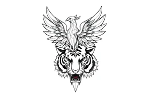 a geometric phoenix over a tiger's head tattoo idea