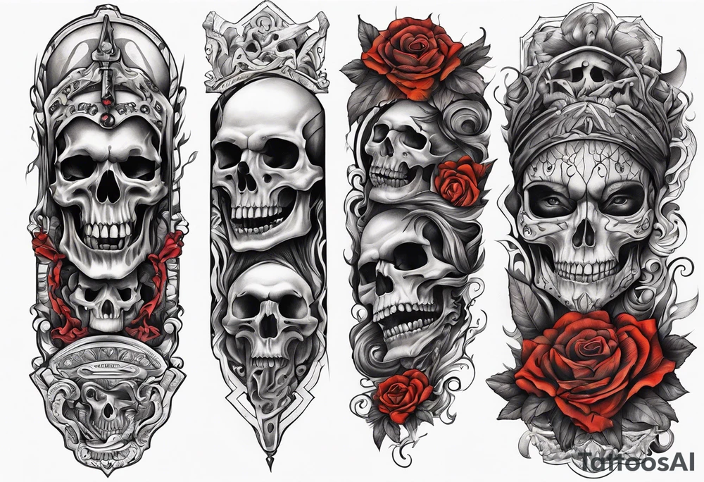 arm sleeve indicating pain, consisting og bones and screaming faces tattoo idea