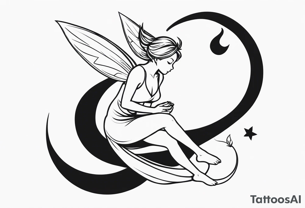 Minimalistic, monochromatic fairy with a tail flying to the left in a fetal position, leaning and looking in the same direction, with visible hands, embodying the 'Fairy Tail' logo aesthetic. tattoo idea
