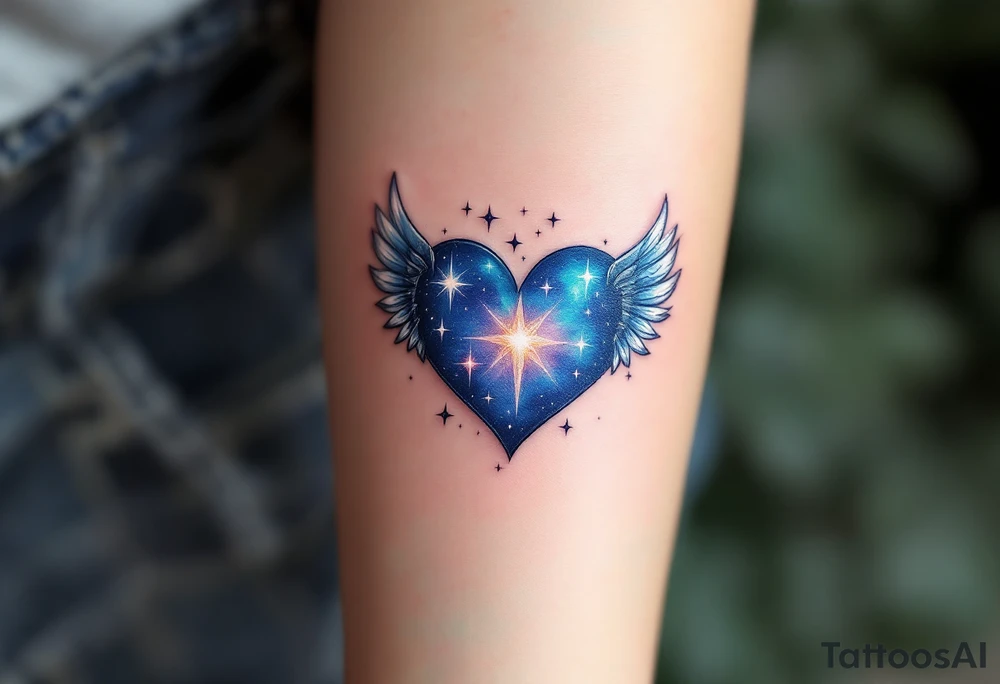 Celestial Heart with Starry Wings – A heart adorned with stars in shades of deep blue and white, with silvery wings that shimmer like the night sky. tattoo idea