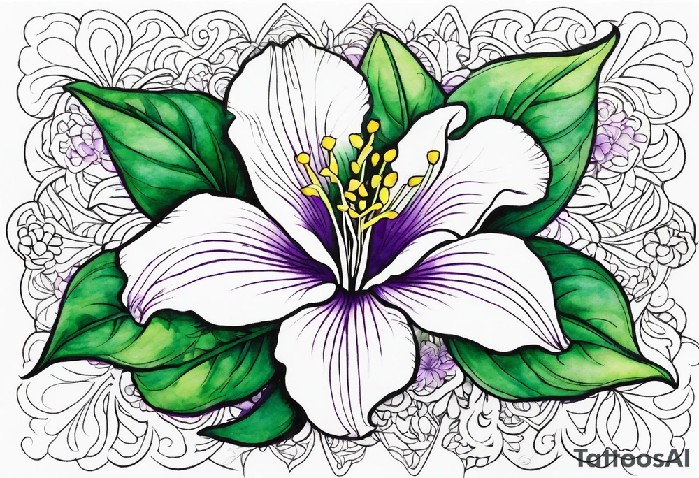 An outline of a rio dipladenia flower with a green and purple watercolor background tattoo idea