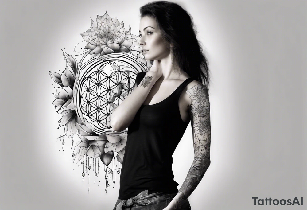 Sleeve tattoo on a woman's arm. Phoenix and Flower of life and Metatron's cube tattoo idea