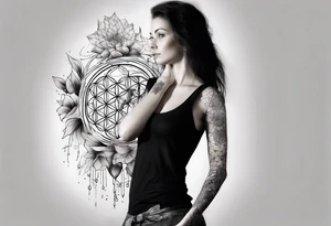 Sleeve tattoo on a woman's arm. Phoenix and Flower of life and Metatron's cube tattoo idea