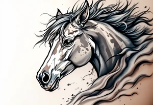 Wild Mustang in Motion – A gray dappled horse with windswept mane, head slightly turned as if mid-gallop, colored in soft grays, dark browns, and dusty whites. tattoo idea