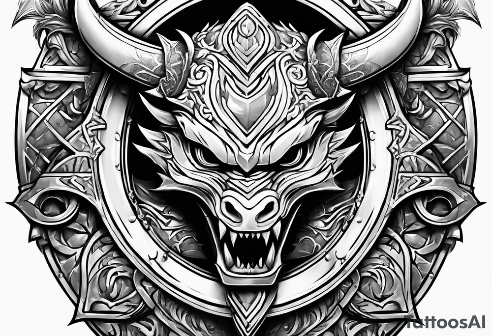 Valhalla sword shield dragon head axe armour tattoo idea