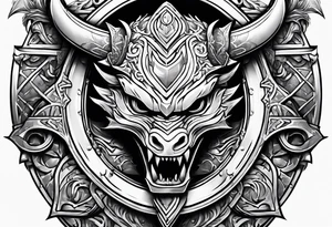 Valhalla sword shield dragon head axe armour tattoo idea
