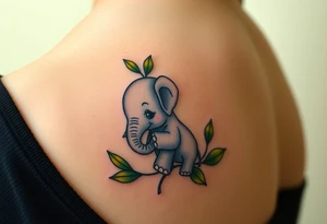 A baby elephant holding its elephant mother trunk, surrounded by soft green leaves and warm earth tones, symbolizing guidance and protection tattoo idea