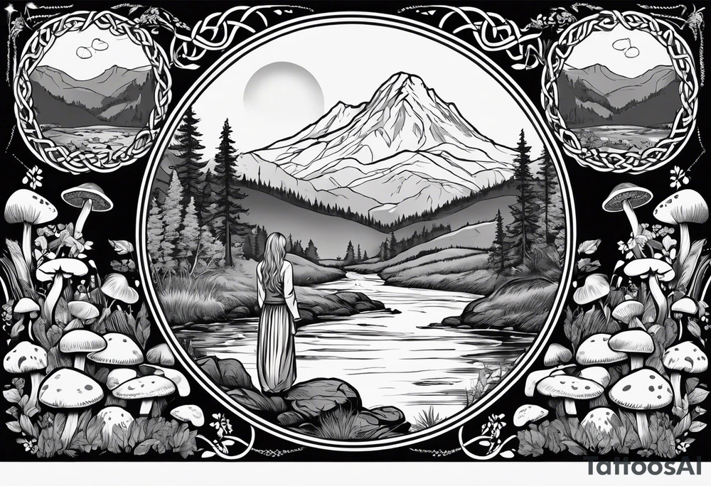 Whole picture encircled fully

Straight long blonde hair hippie girl in distance holding mushrooms in hand facing away toward mountains and creek surrounded by mushrooms long sleeve shirt and hiking pants; whole rendering within a full celtic circle, no cut off circle tattoo idea